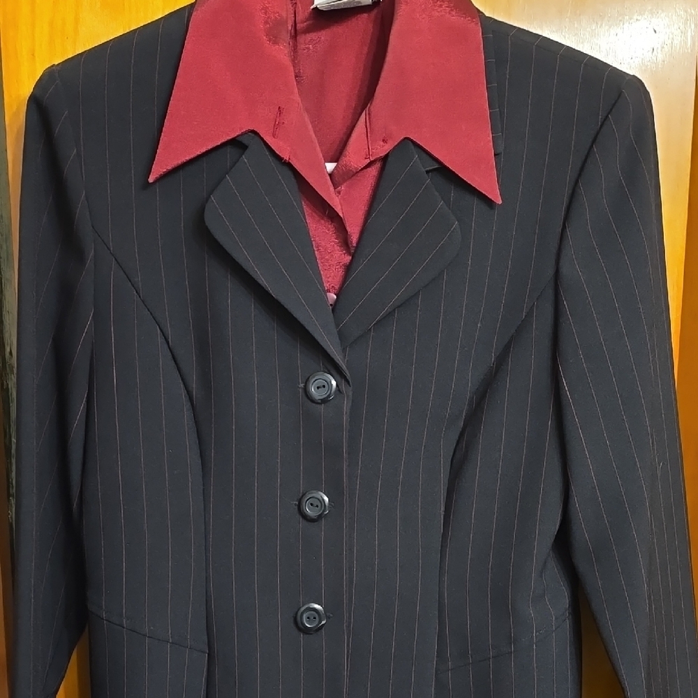 Women's Black Pinstripe Blazer with Red Lining, matching skirt and dress slacks